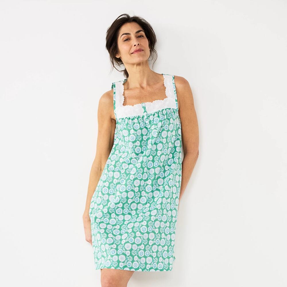 Croft & Barrow Sleeveless Cotton Nightgown Blue Green White Block Print Dress